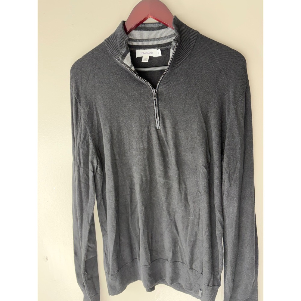 Calvin Klein Mens Quarter Zip Sweater Gray Faux Leather Elbow Patches Size M